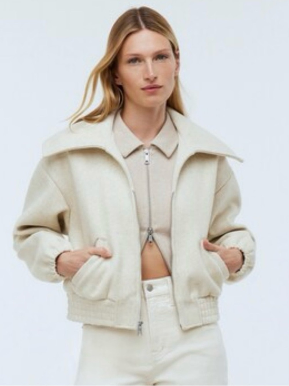 Madewell Cream Bomber Jacket with Zip Front